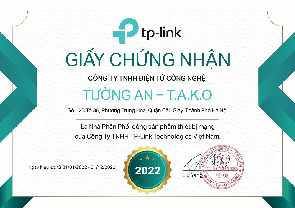 Chứng nhận TAKO là Nhà phân phối chính thức của Công ty TNHH Tp-Link Technologies Việt Nam 2022