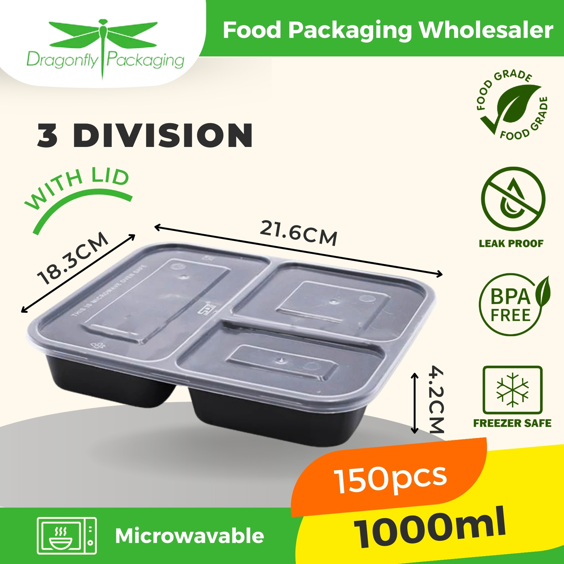 1000ml Clear Rectangle Microwavable Container with Lid 300pcs per Cart –  Dragonfly Packaging