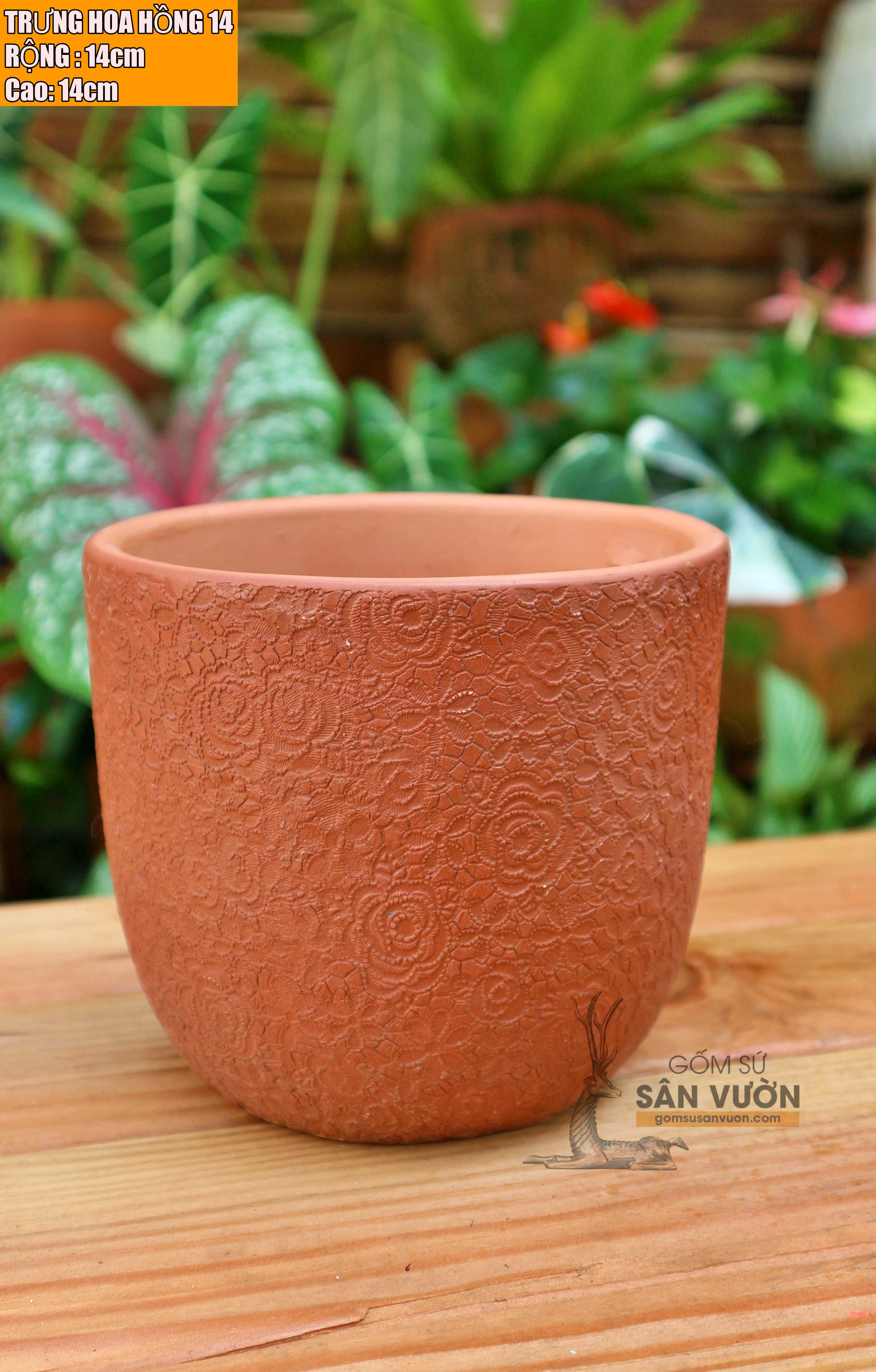 Chậu cây gốm đất nung kiểu TRỨNG VÂN HOA HỒNG size 15cm - gốm sứ sân vườn Bình Dương chất lượng cao