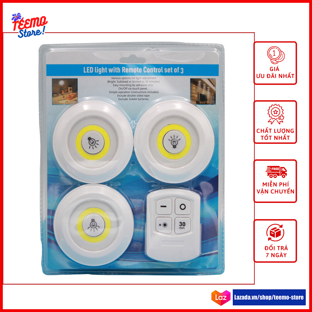 Bóng đèn LED dán tường đèn phòng ngủ phòng bếp đèn cầu thang có remote điều khiển từ xa siêu tiện lợi [combo 3 bóng & 1 remtoe] - TM03