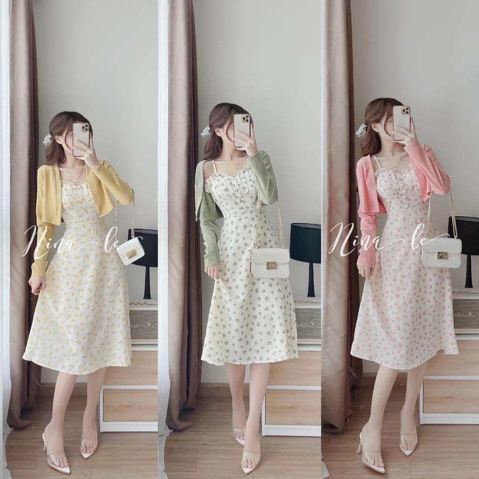 Set đầm dây kèm áo khoác thiết kế bông và áo khoác tiệp màu cực yêu