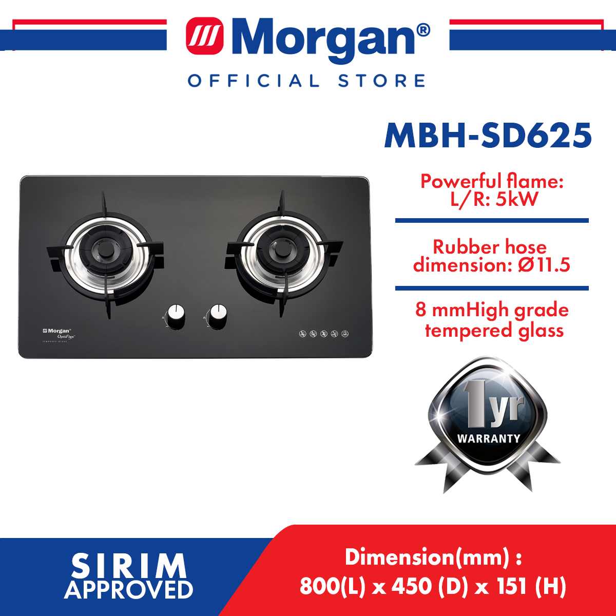MORGAN MBH-SD625 OPTIFLEX BUILT-IN HOB GLASS 2 BURNER