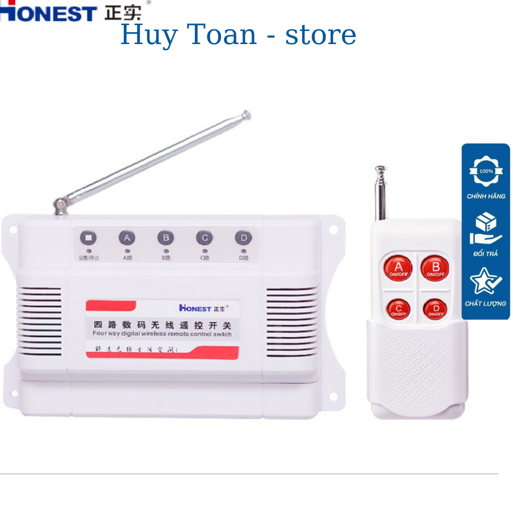 Công tắc điều khiển từ xa Honest HT6804-1 4 cổng sóng RF bật tắt riêng rẽ 4 thiết bị chịu dòng mỗi cổng 10A