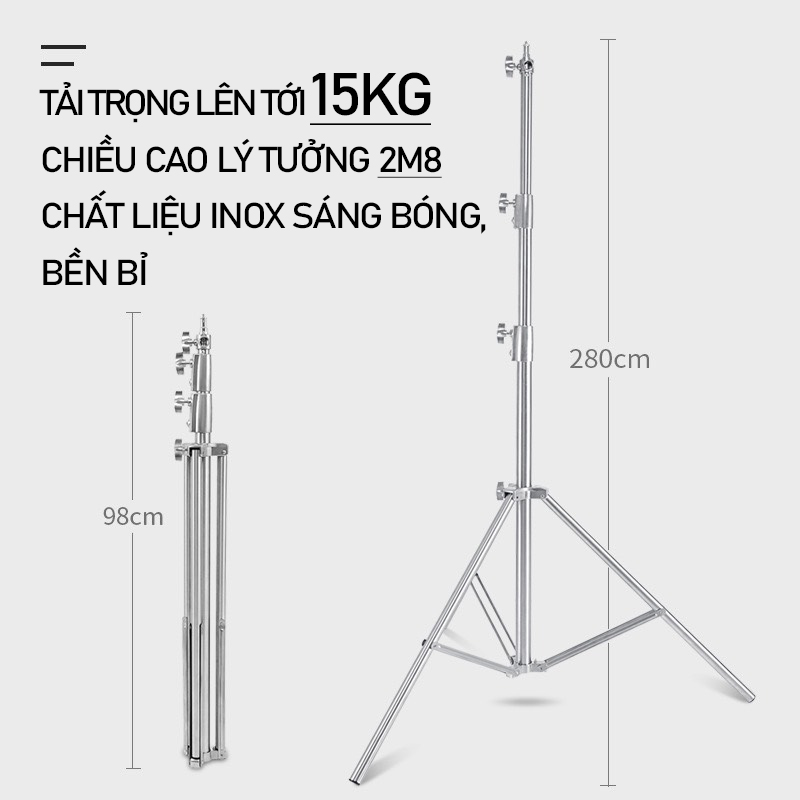 [deal sốc} chân đèn inox cao cấp 2m8 tải trọng 20kg, dùng cho các loại đèn studio 2 đầu nối 1/4 và 3/8