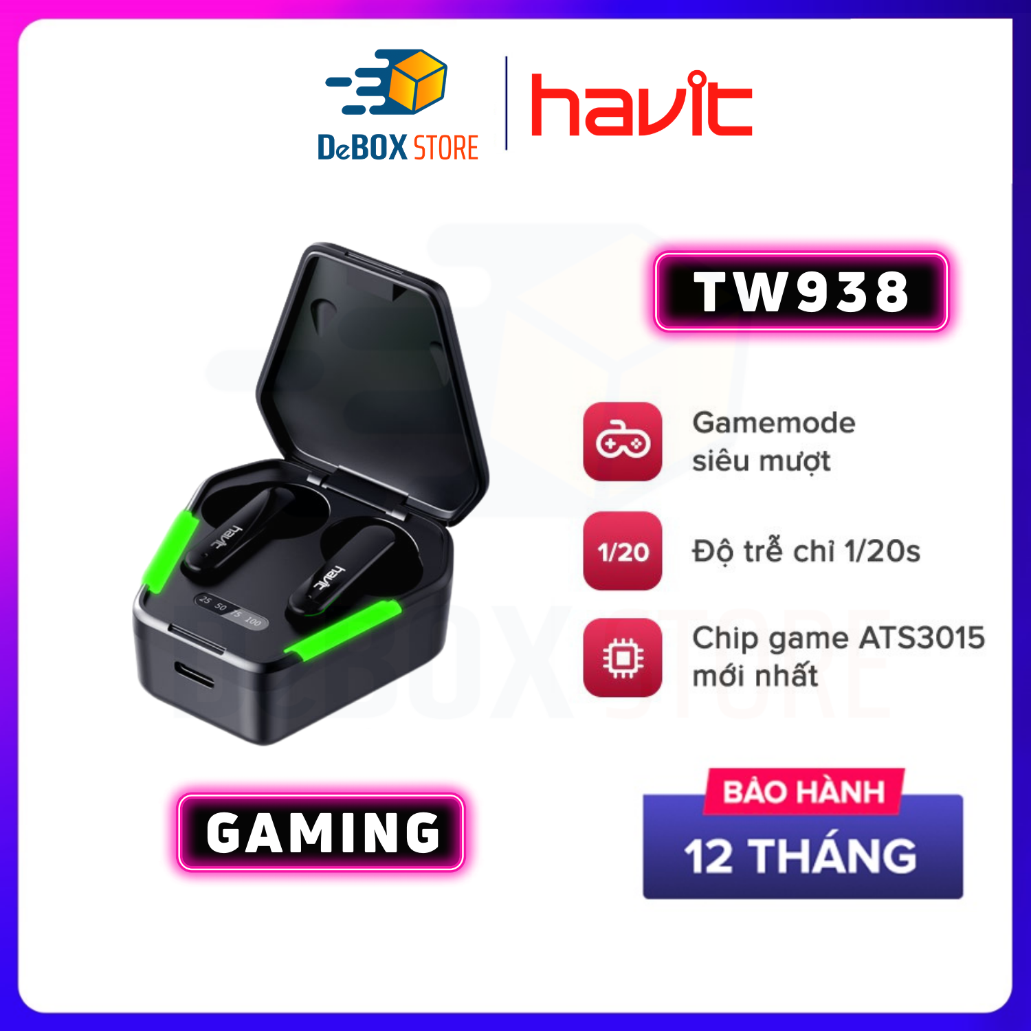 Tai Nghe Bluetooth Không Dây Gaming True Wireless HAVIT TW938, Gaming Mode Chip ATS3015 Giảm Độ Trễ 0.05s, Bass Chất Game Mượt, Cảm Ứng, LED Gaming, Pin Lên Tới 28H - Chính Hãng Bảo Hành 12 Tháng