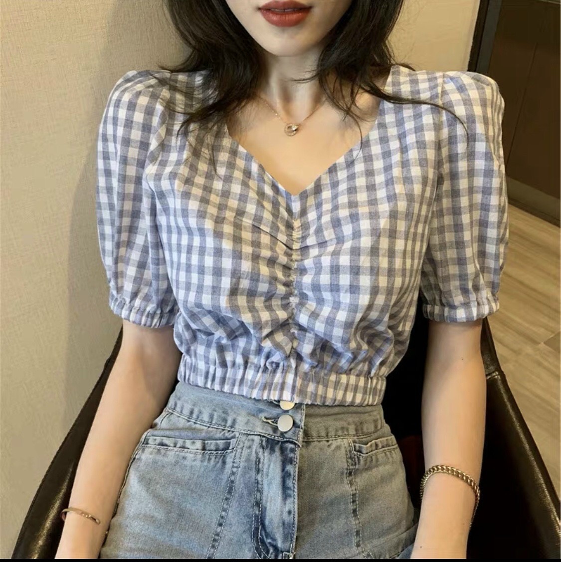 Áo caro rút ngực form croptop ,chất vải mát mẻ ,size <55kg 2022