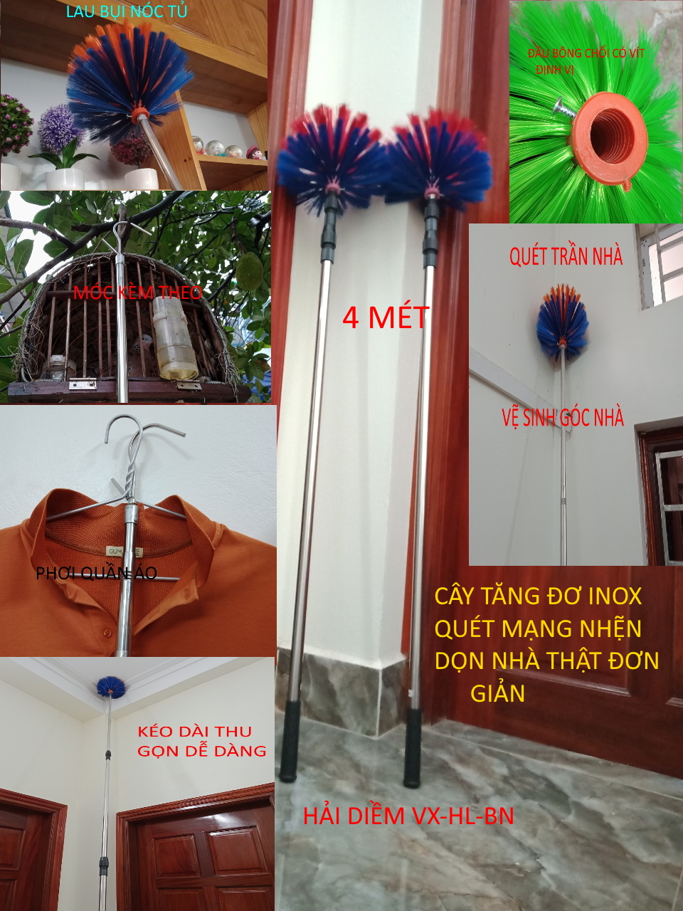 (chổi 4 m)Chổi quét mạng nhện cây tăng đơ inox vệ sinh trần nhà đồ lau bụi trên cao, làm cán vợt cá sào treo chim, cọc mắc màn,móc cành cây,phơi quần áo