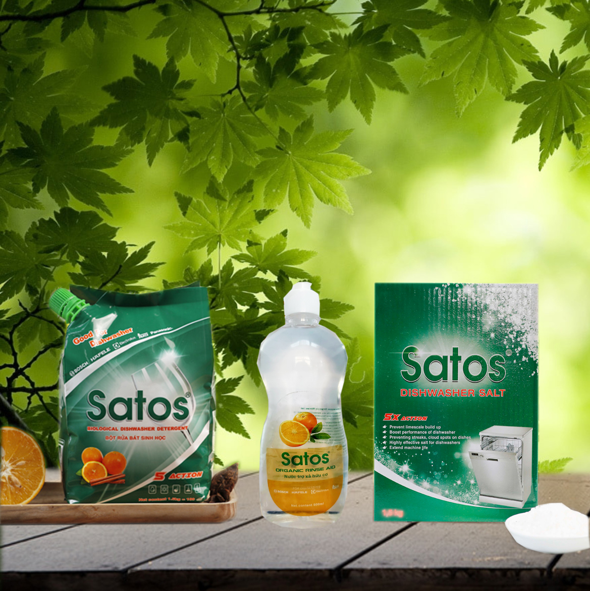 Combo bột rửa bát hữu cơ Satos 1.5kg, nước làm bóng hữu cơ Satos 500ml và muối Satos 1.5kg