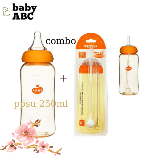 Combo bình sữa wesser cổ hẹp 250ml nhựa ppsu + ống hút thay thế bình cổ hẹp wesser tiện dụng tiết kiệm