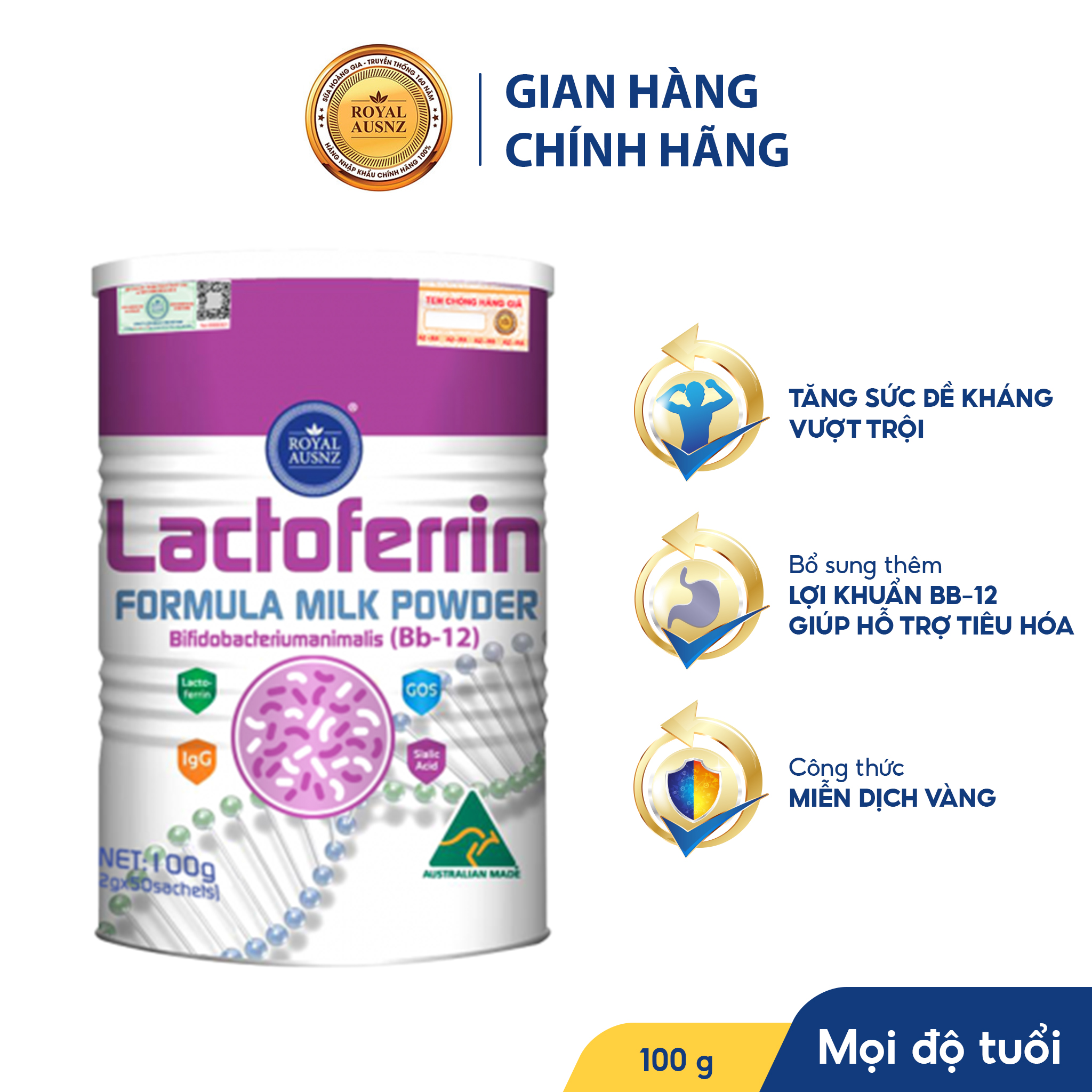 Sữa Bột Hoàng Gia Úc Lactoferrin Formula Milk BB-12 Tăng Cường Hệ Miễn Dịch Cho Trẻ 100g