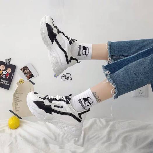 Giày thể thao nữ VERNASE - giày nữ giày sneaker nữ giầy nữ giày bata nữ da trắng phối đen độn đế hàn quốc đi học đẹp giá rẻ