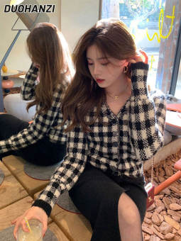 Duohanzi Nữ Áo cardigan dệt kim Houndstooth Cổ Chữ V dài tay cắt Áo cardigan dệt kim phong cách cổ điển Áo cardigan dệt kim tương phản