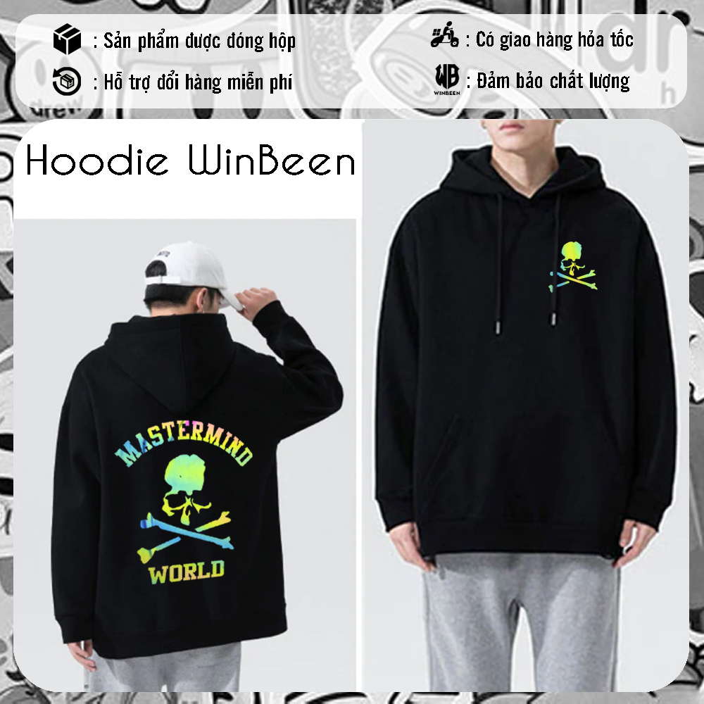 Hoodie nỉ nam nữ unisex WinBeen màu đen Cực Chất in chữ MasterMind World trẻ trung dáng rộng vải nỉ dầy