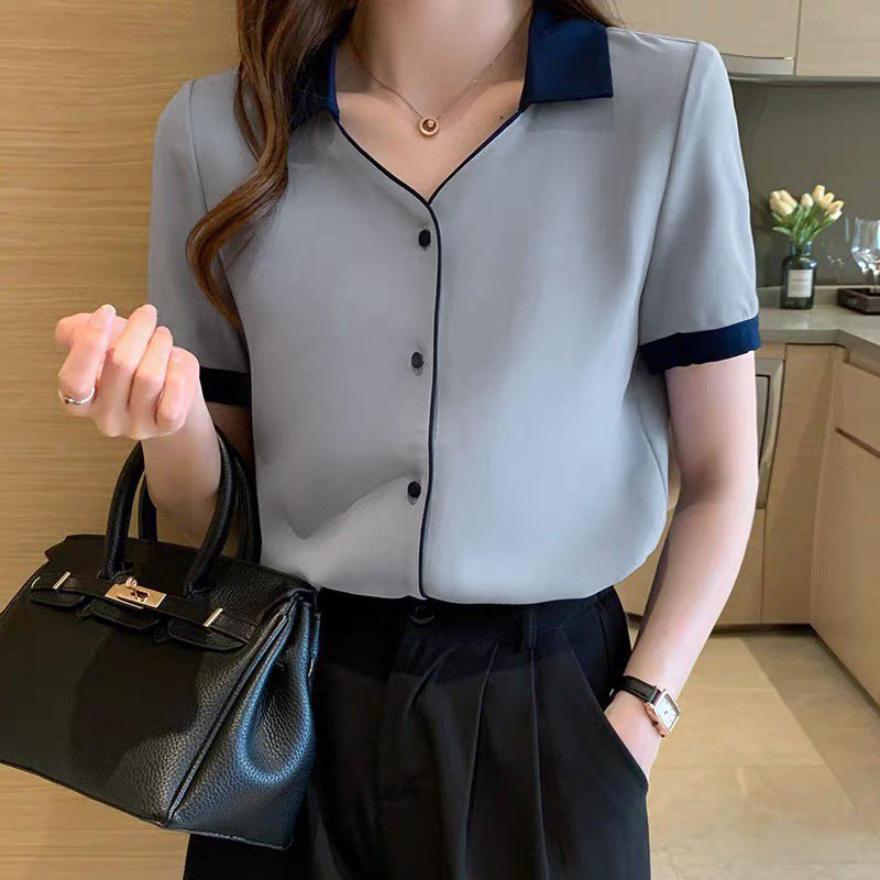 MS143 áo sơ mi nữ công sở, áo sơ mi công sở đẹp phối viền xanh đen