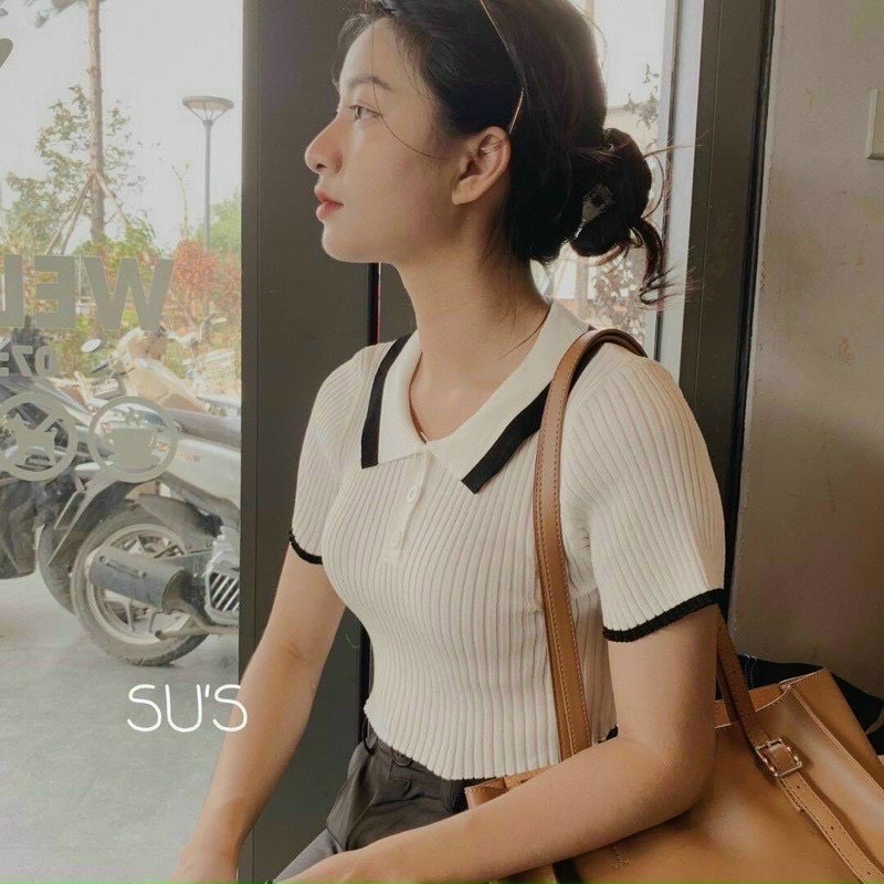 Hot áo croptop tay ngắn cổ bẻ cúc cài phối viền trắng cá tính trẻ trung, áo croptop cổ polo viền cổ