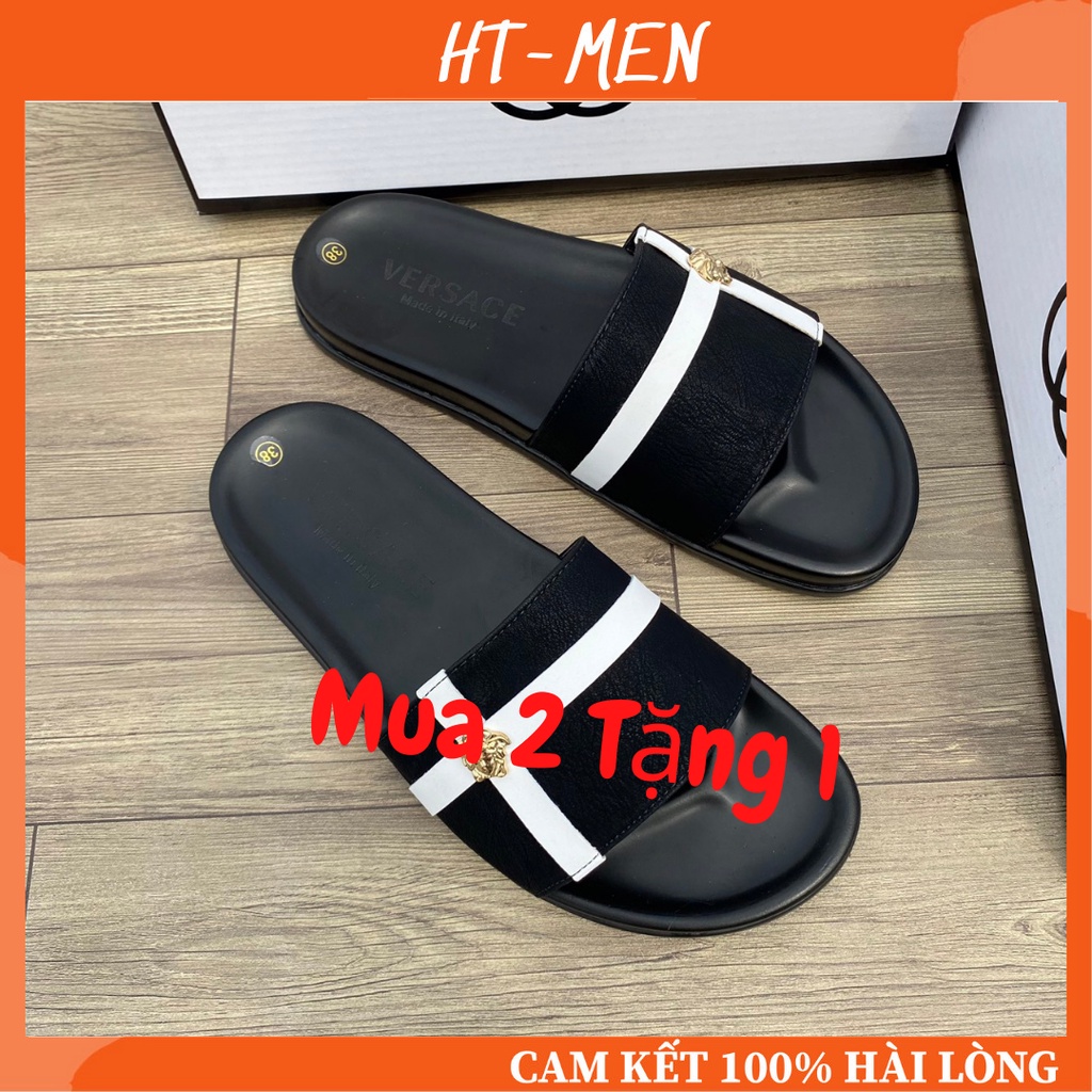Dép Quai Ngang Nam Da Màu Đen Họa Tiết Kẻ Full Box Kèm Ảnh Thật