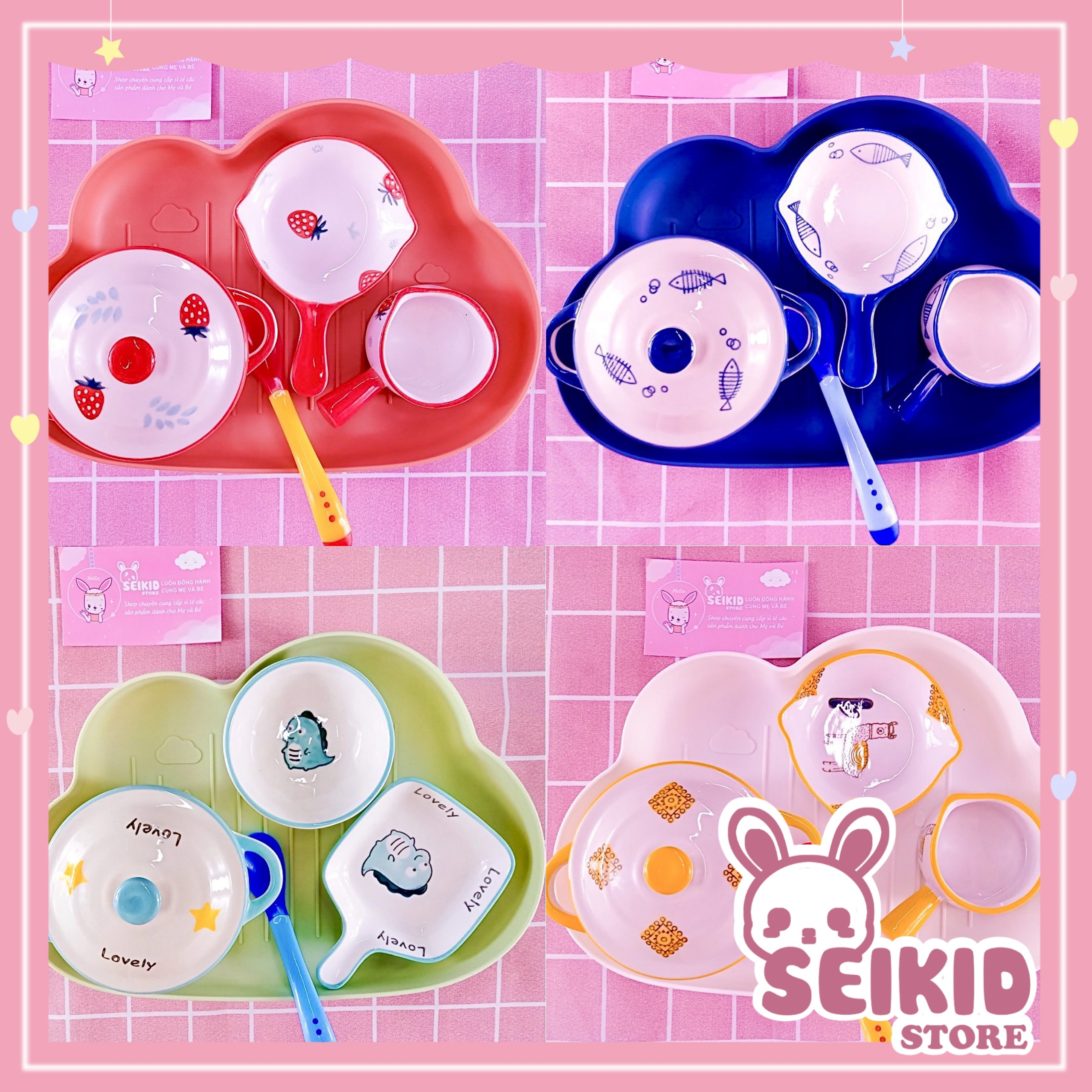 Combo set bát sứ ăn dặm cho bé hoạ tiết ngộ nghĩnh kèm khay seikid store