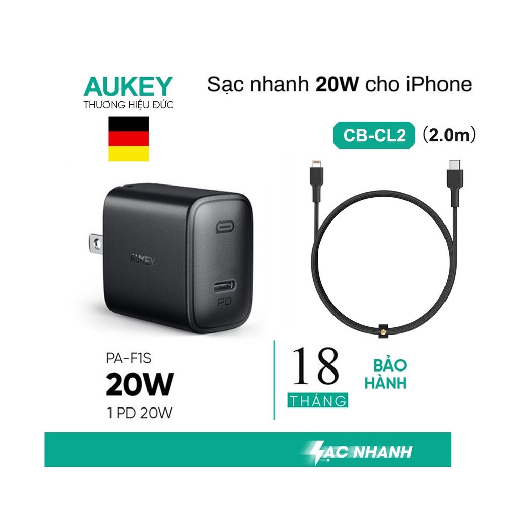 Combo sạc nhanh aukey pa-f1s power delivery 20w - cáp sạc nhanh usb-c to lightning aukey cb-cl2 2m - hàng chính hãng - bảo hành 18 tháng