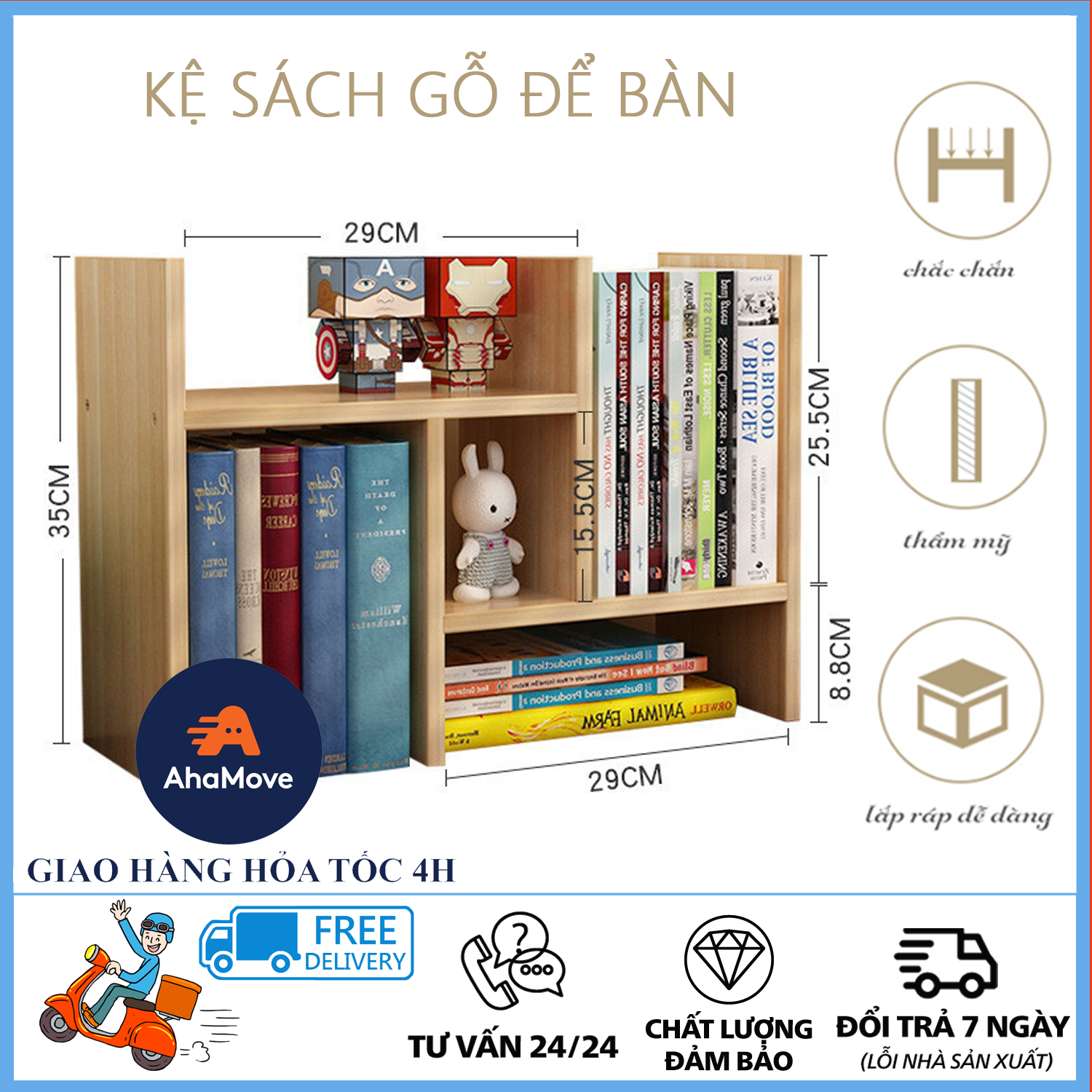 Kệ sách để bàn, Kệ sách gỗ, Kệ sách gỗ để bàn, Kệ để tài liệu văn phòng - Kệ Sách Để Bàn Làm Việc Lắp Ghép Đa Năng- Kệ máy tính - Dày 12mm, gỗ MDF chắc chắn