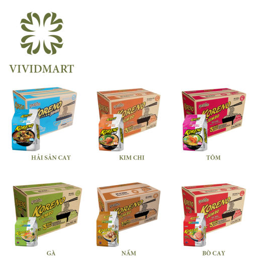 MÌ JUMBO KORENO 6 VỊ: HẢI SẢN CAY, KIM CHI, TÔM, GÀ, NẤM, BÒ CAY - LỐC 10 GÓI 100gr - KORENO