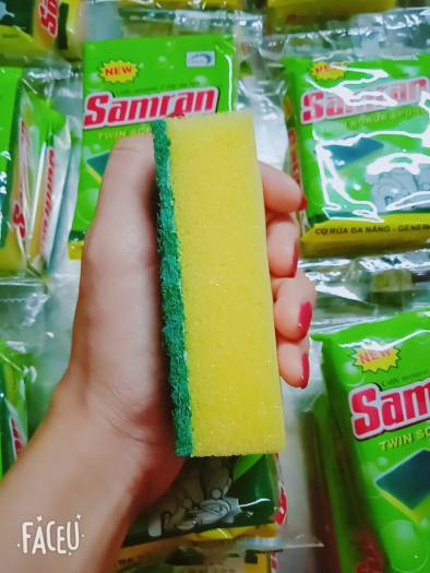 Miếng rửa chén bát 2 lớp da lợn vàng xanh SAMRAN (cước cọ rửa xoong nồi, mousse rửa chén)