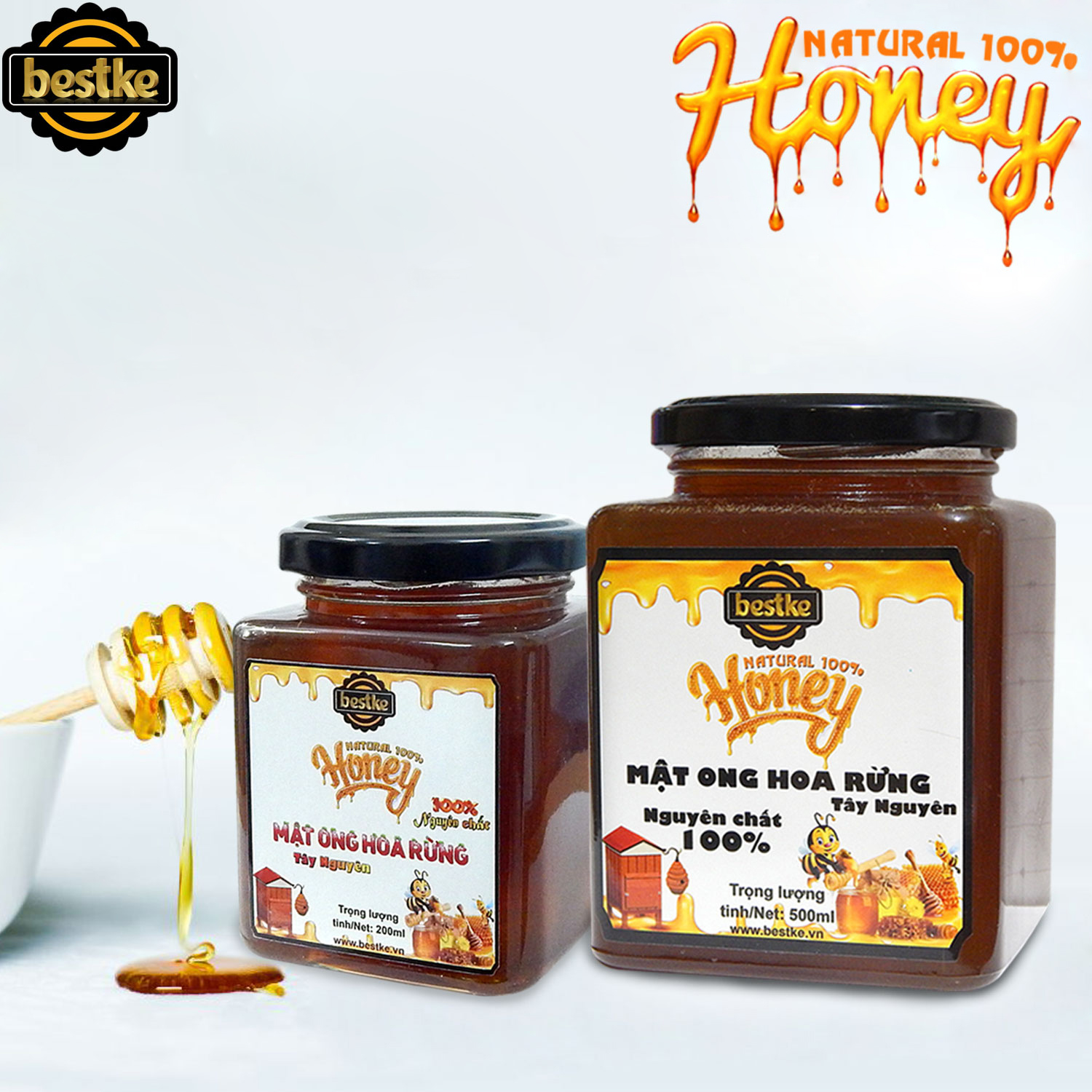 Mật ong rừng nguyên chất , mật ong bestke, combo 2 hũ 200ml và 500ml = 980g
