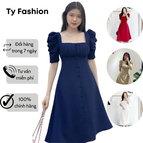 Đầm xòe dúng tay bồng nút bọc tyfashion xếp ly ngực h030