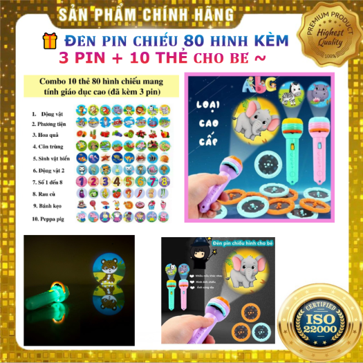 Đèn pin chiếu hình cho bé 80 hình 3d động vật, hình thú, pikachu, siêu nhân, hoạt hình cho bé - Đồ chơi học tập và giải trí - giúp bé phát huy năng lực tưởng tượng và quan sát