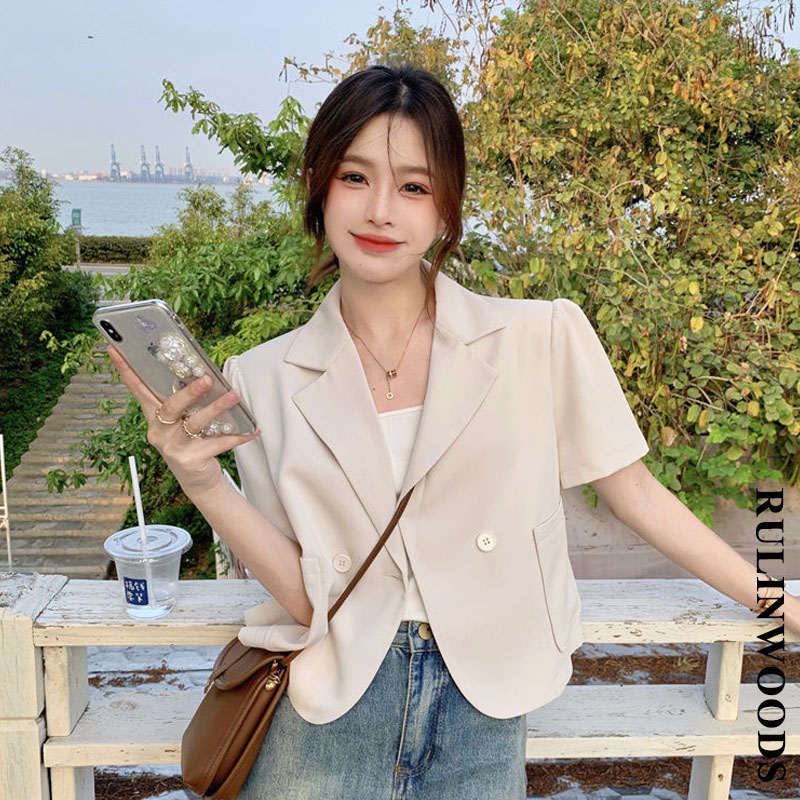 RULINWOODS 2022 mới áo khoác nữ trơn phong cách Hàn Quốc áo sơ mi ngắn tay áo của phụ nữ áo blazer tay phồng