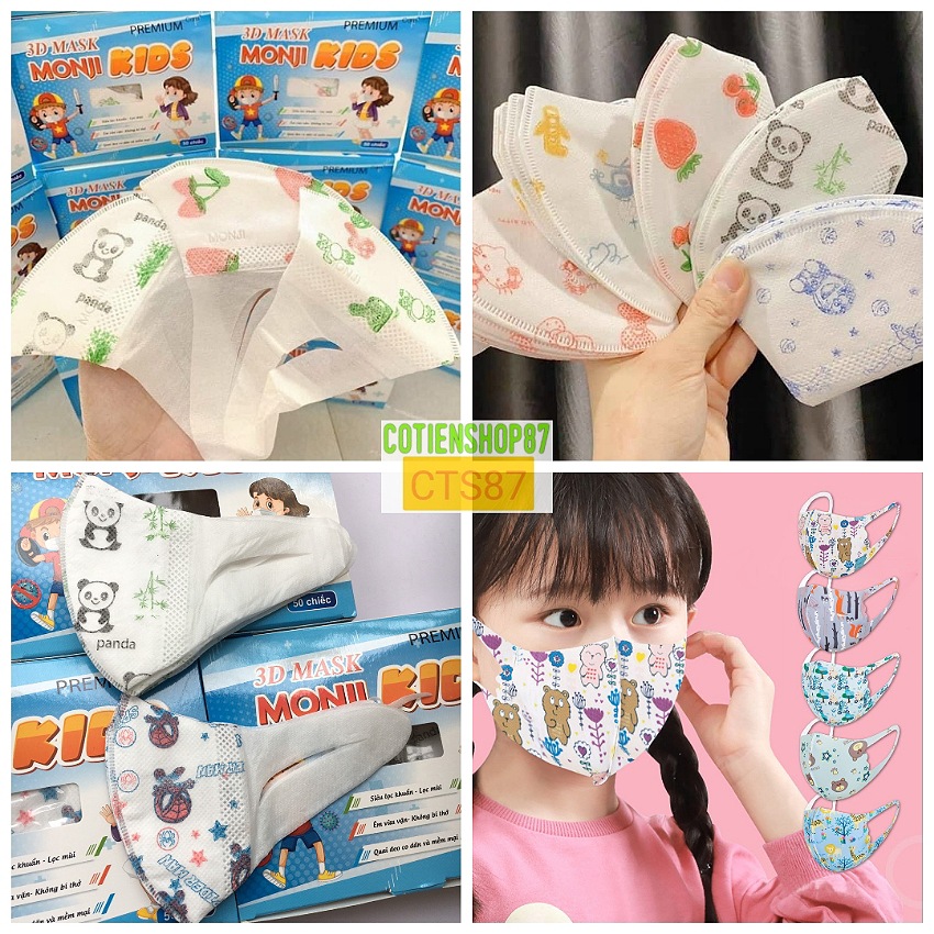 hộp 50 cái khẩu trang 3D Mask Monji trẻ em, khẩu trang 3D cho bé công nghệ Nhật Bản, 3 lớp kháng khuẩn, dây đeo co dãn, nhiều hình, cotienshop87