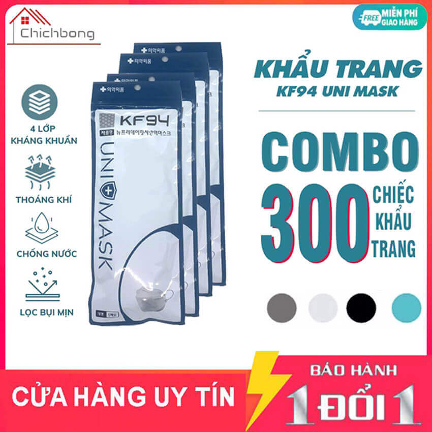 Khẩu trang 4D KF94 Uni Mask kháng khuẩn chống bụi mịn cao cấp Hàn Quốc, thùng 300 chiếc, combo 100 chiếc, combo 5 chiếc, đủ màu trắng, xám, đen, xanh cho người lớn và trẻ em, khẩu trang y tế 4D Mark, khẩu trang KF94 4D