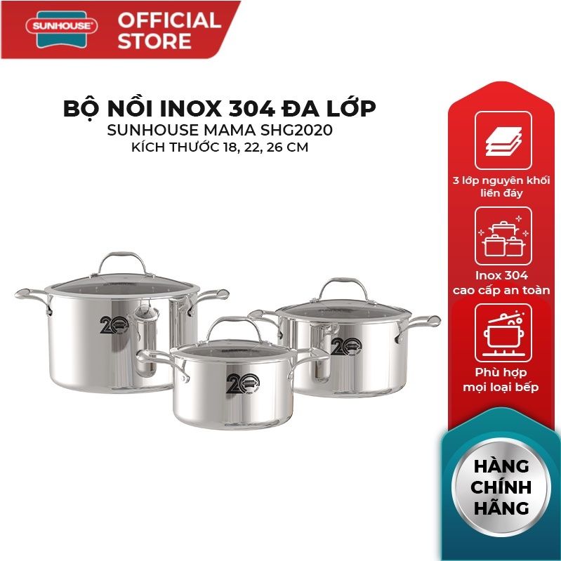 [ Inox ĐA LỚP 430  ] Bộ nồi inox 304 cao cấp Sunhouse Mama SHG2020 đa lớp 18 – 22 – 26 cm - Tặng 02 cốc nhựa cao cấp trị giá 45k