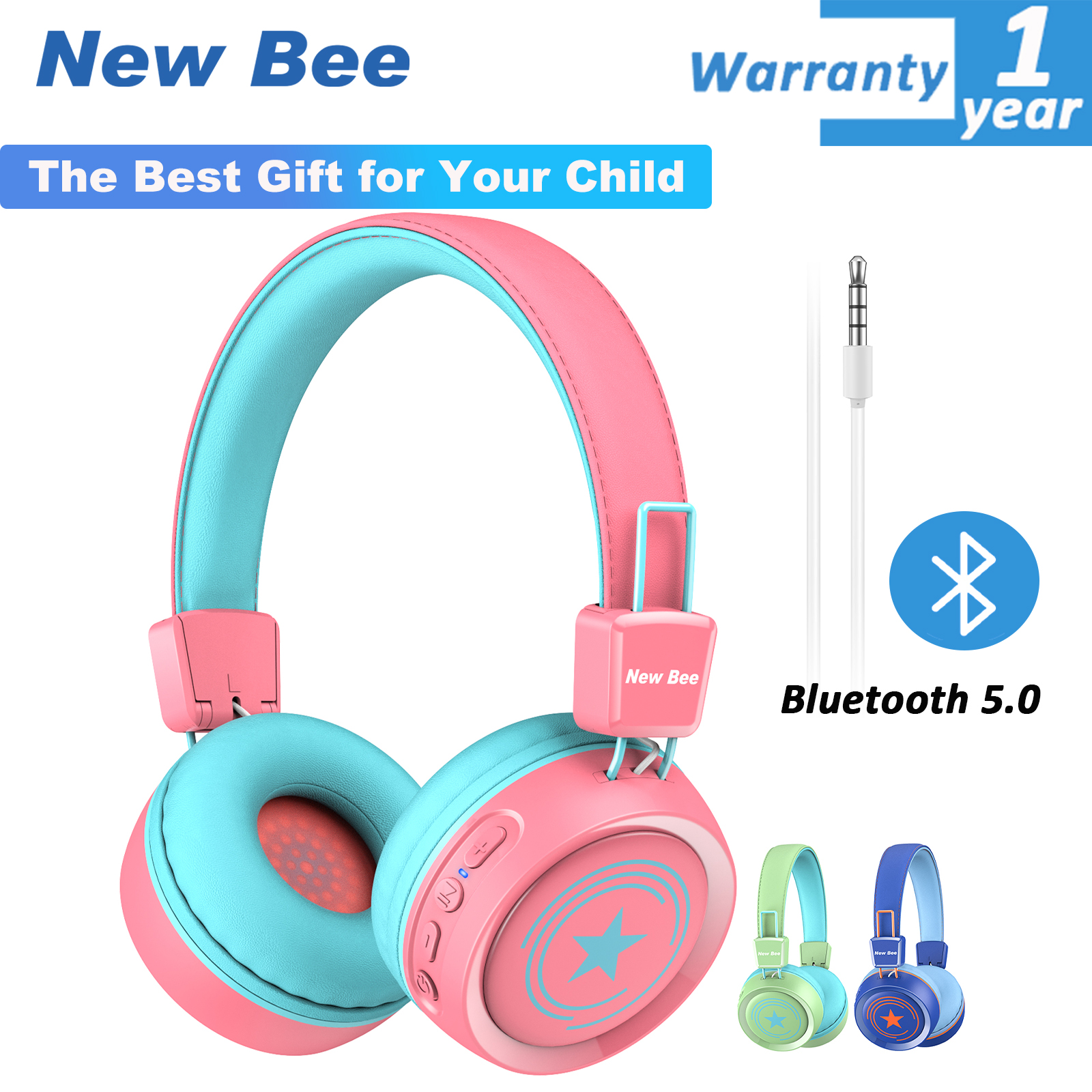 New Bee KH21B Tai nghe không dây 32H Playtime Bluetooth 5.0 Tai nghe không dây cho trẻ em với Microphone HD Stereo Tai nghe có thể gập lại cho  Bluetooth Headphone