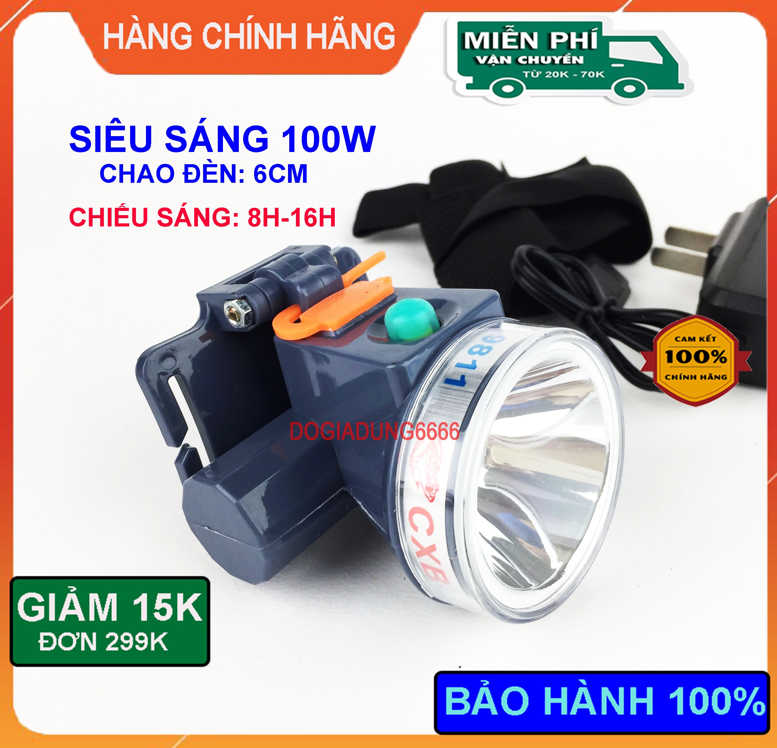 Đèn pin đội đầu siêu sáng 100W CXB 9811 LED chiếu xa chống nước ánh sáng Vàng và Trắng đèn đeo đầu soi ếch