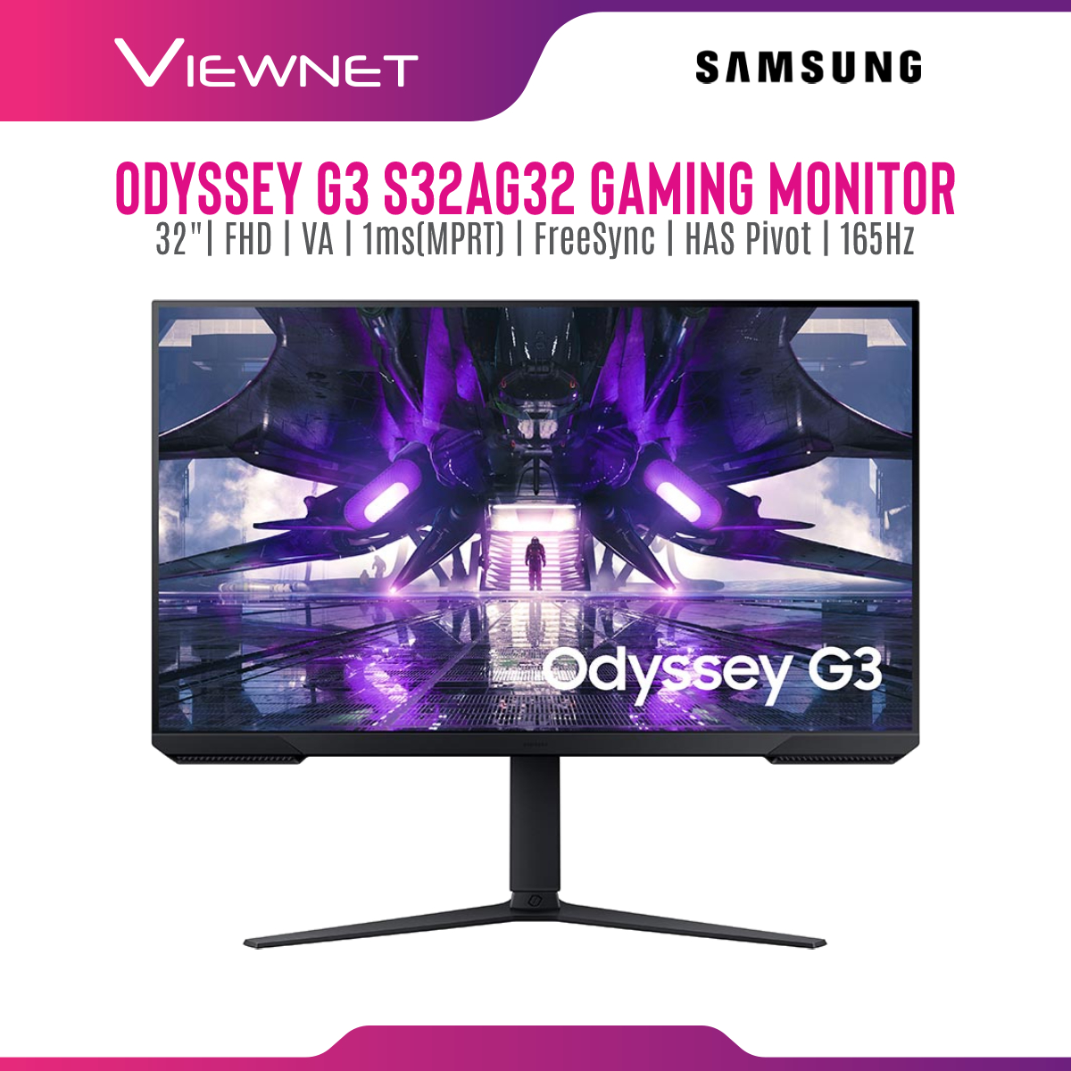 Samsung Odyssey G3 S32AG320NE Flat 32" Gaming Monitor (LS32AG320NEXXM)(VA, FHD, 1ms(MPRT), Has Pivot, FreeSync, 165Hz)