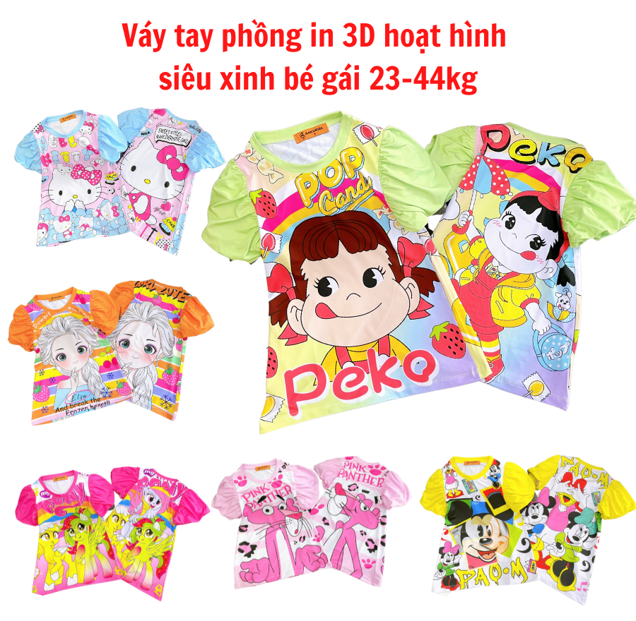 [22-44kg] Đầm thun lạnh in hoạt hình 3D siêu yêu cho bé gái, váy đầm công chúa dễ thương phối bèo xinh xắn