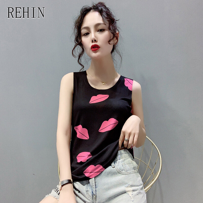 REHIN Women Sleeveless T-Shirt Short Shirt Lips pattern paragraph Print Camisoles 2022 New summer Top