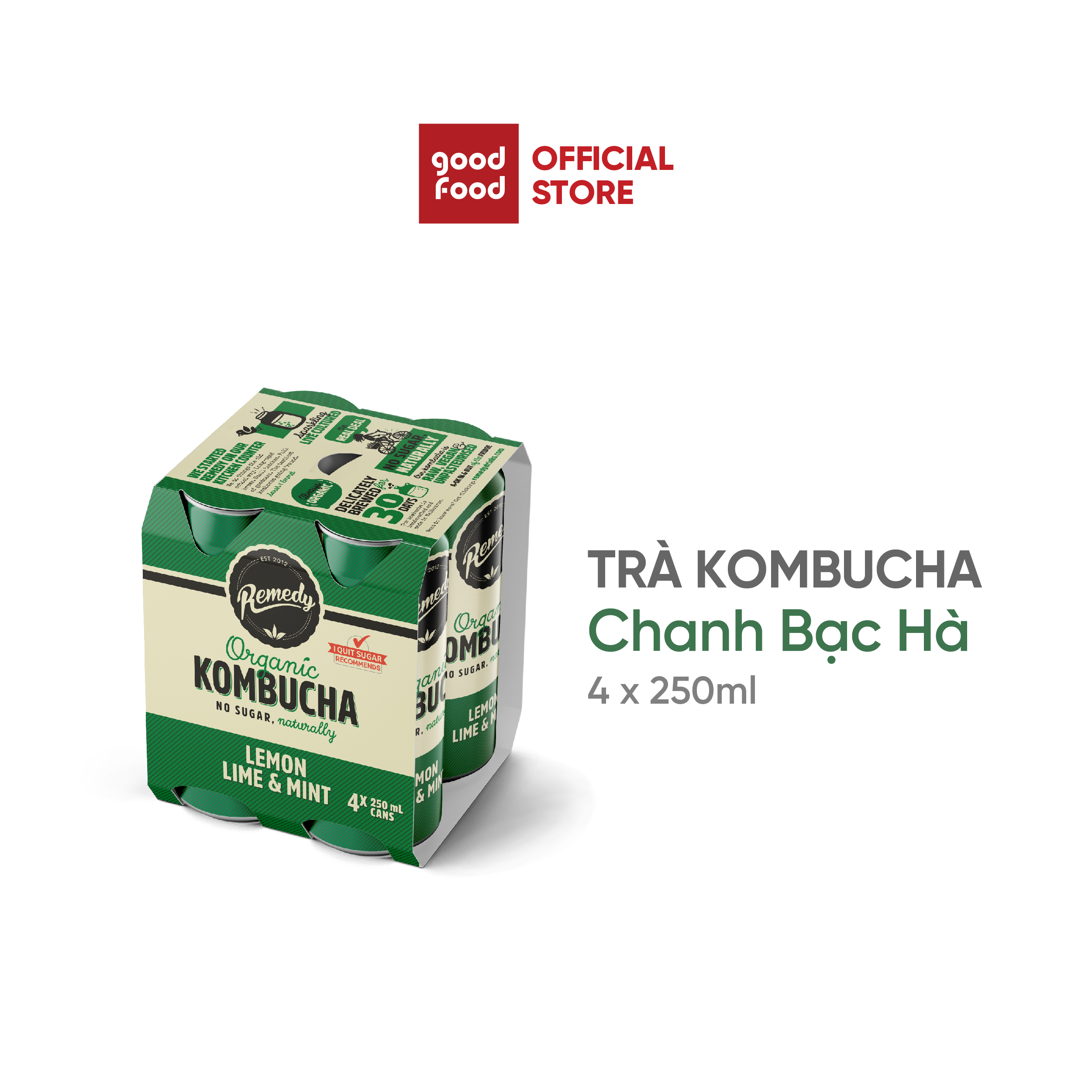 Trà hữu cơ lên men vi sinh Remedy Kombucha bổ sung lợi khuẩn – Vị Chanh bạc hà | Lốc 4 lon 250ml