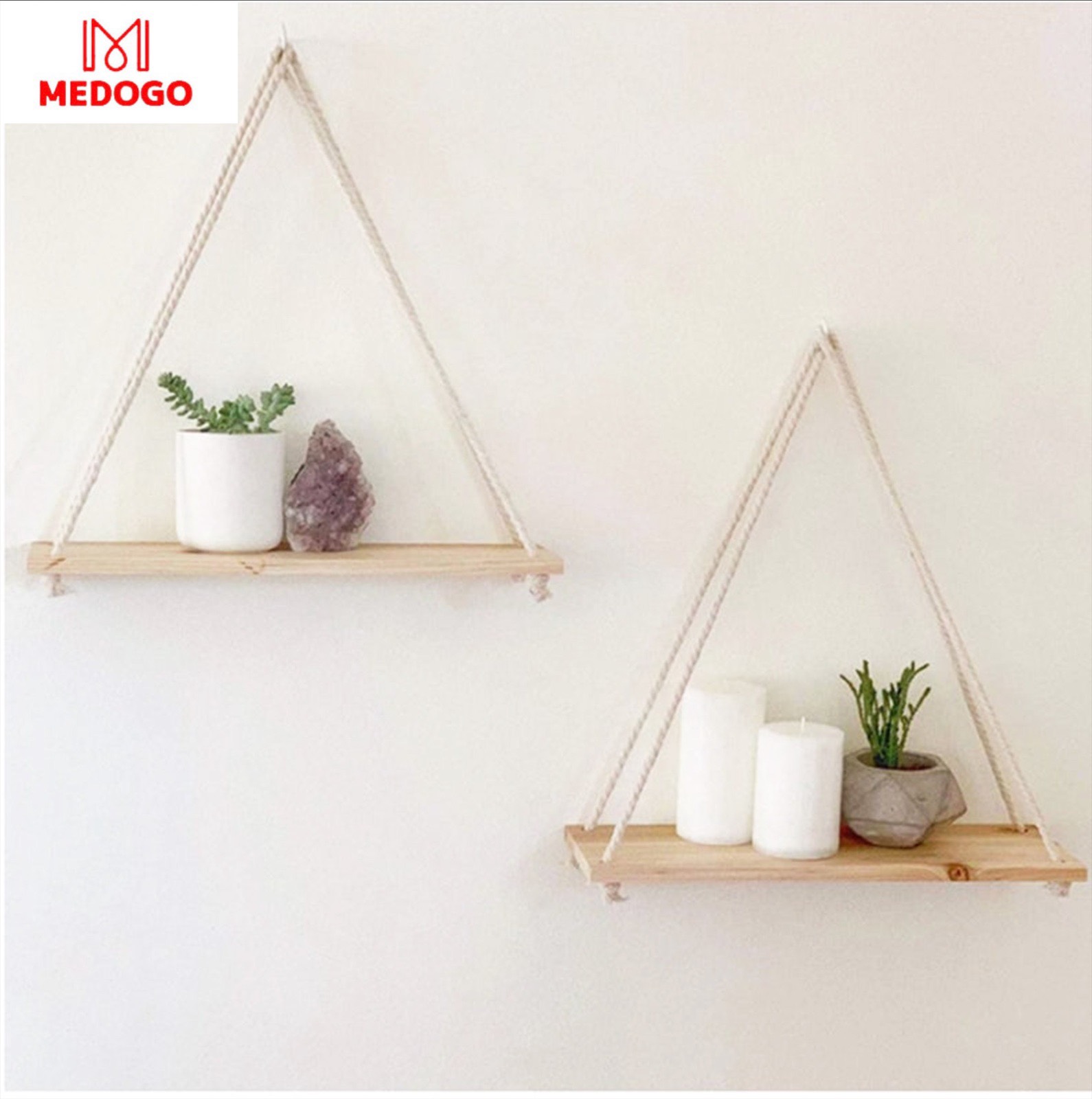 Thanh gỗ treo tường dây thừng, kệ gỗ treo tường trang trí MEDOGO.home, decor phòng ngủ, phòng khách