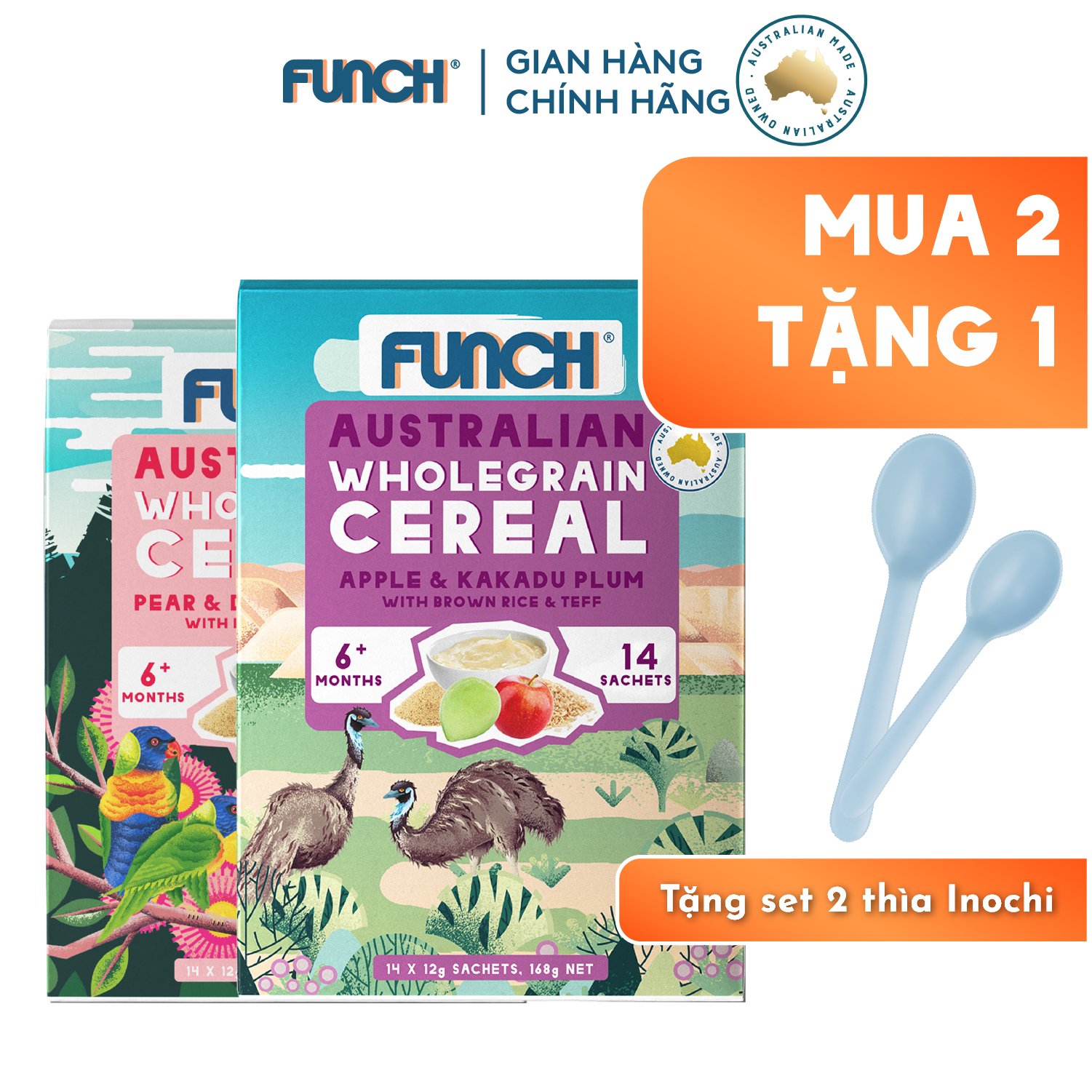 Mua 2 hộp bột ăn dặm úc, ngũ cốc ăn dặm funch 168g tặng set thìa ăn dặm inochi