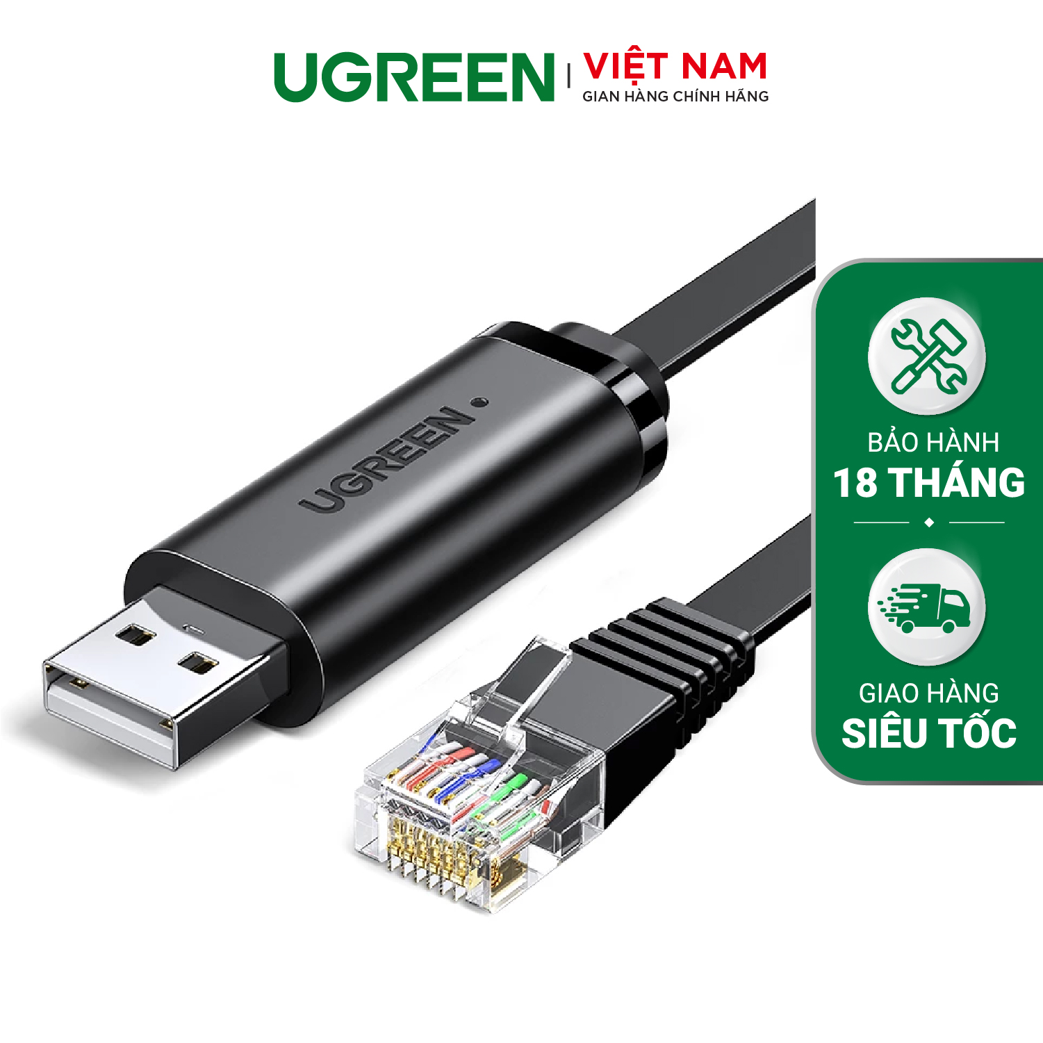 Dây cáp USB 2.0 sang RJ45 FTDI UGREEN CM204 | Chuẩn 8 pin | Chipset FTDI FT-232 cao cấp |  Bảo Hành 18 Tháng 1 Đổi 1 | 50773 60813.