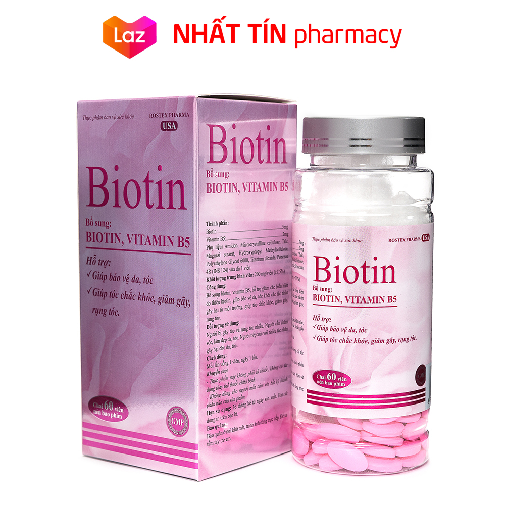 Viên uống bổ sung Biotin Vitamin B5 giúp tóc chắc khỏe giảm gãy rụng tóc bảo vệ da tóc - Chai 60 viên