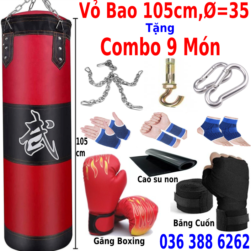Vỏ bao cát treo tường đấm bốc boxing dày 3 lớp dài 105cm, Ø=35cm + găng tay mma walon chính hãng + băng đa quấn tay + dây xích + móc treo + vít nở, vỏ bao cát độ bền trên 5 năm