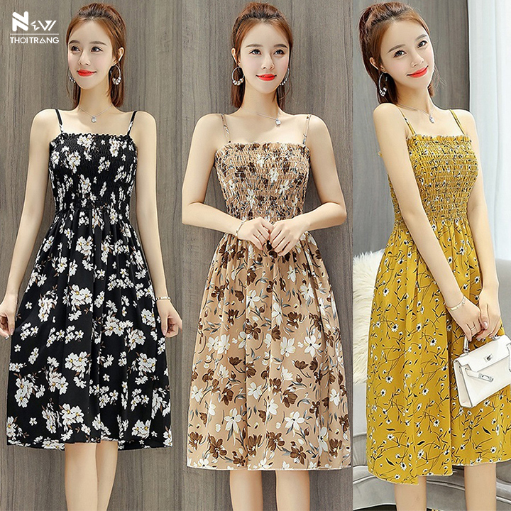 Đầm 2 Dây Xếp Ly Hoa Nhí - New Thoi Trang