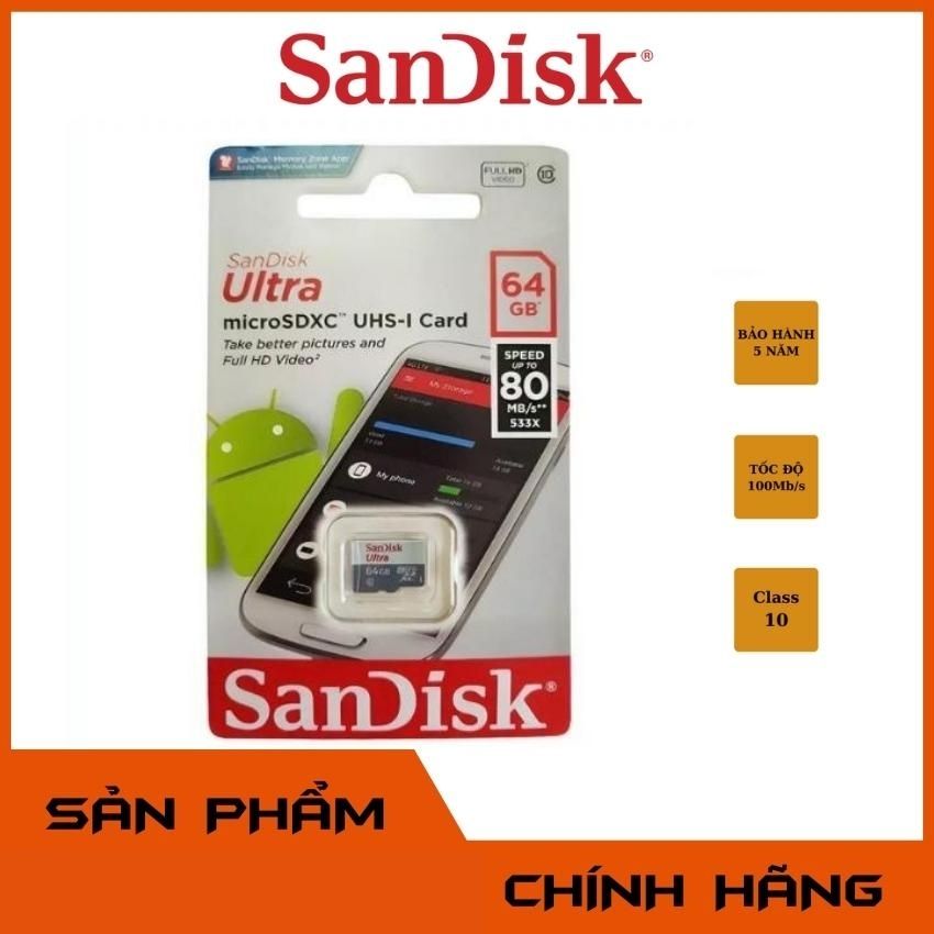 Thẻ nhớ micro sd sandisk 32gb - 64gb class 10 - hàng chính hãng tốc độ đọc 100mb/s - bảo hành 5 năm.