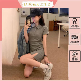 Váy ôm body cổ polo xẻ trước chất thun gân tăm, đầm body xẻ đùi sexy cổ bẻ chất mềm - mát, váy body có cổ sành điệu khoe dáng