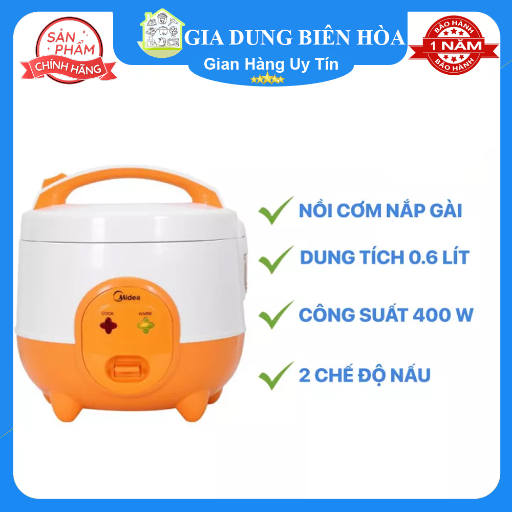 Nồi cơm điện midea 0.6 lít mr-cm06sd-hàng chính hãng trưng bày 99%=nồi cơm nắp gài dung tích: 0.6 lít, số người ăn 1 - 2 người công suất: 400 w lòng nồi dày: hợp kim nhôm phủ chống dính điều khiển: nút gạt tiện ích: giữ ấm nơi sản xuất: việt nam