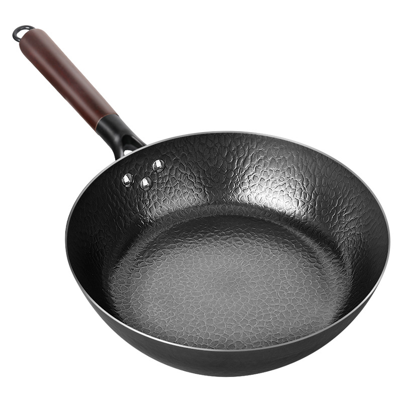 Chảo Thép Rèn Vân Búa Chống Dính Tay Cầm Gỗ Kiểu Nhật Sâu Lòng Size 28cm,Chảo thép nhật sâu lòng
