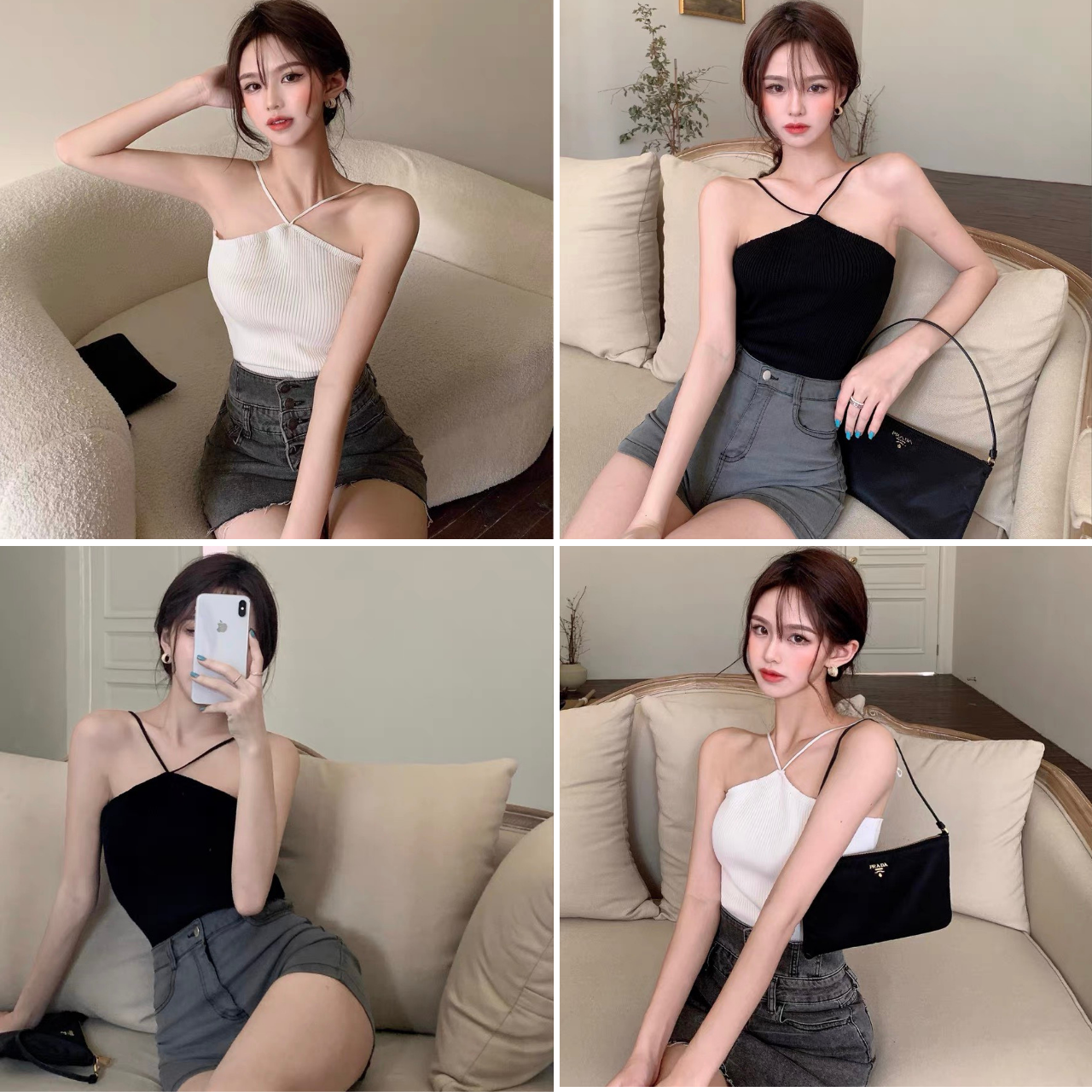 Áo yếm 2 dây chất thun gân co giãn dày dặn freesize dưới 53kg