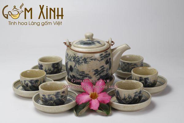 Bộ ấm chén Bát Tràng men rạn giả cổ dáng Vại